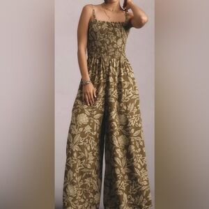 Olive Floral Smocked Wide-Leg Jumpsuit